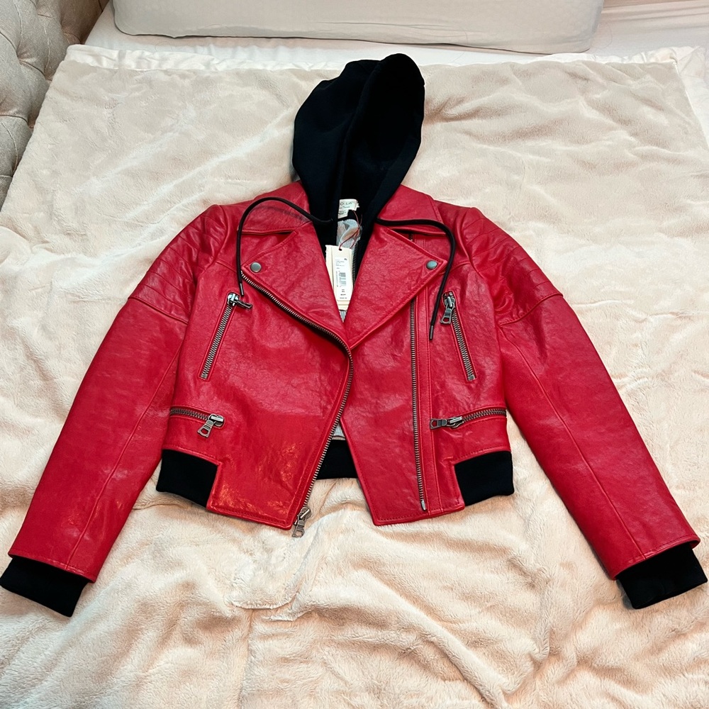 Alice and Olivia Avril French terry-trimmed red leather hooded bomber jacket. XS